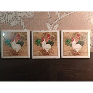 Set of three thirstystone rooster chicken coasters cork back